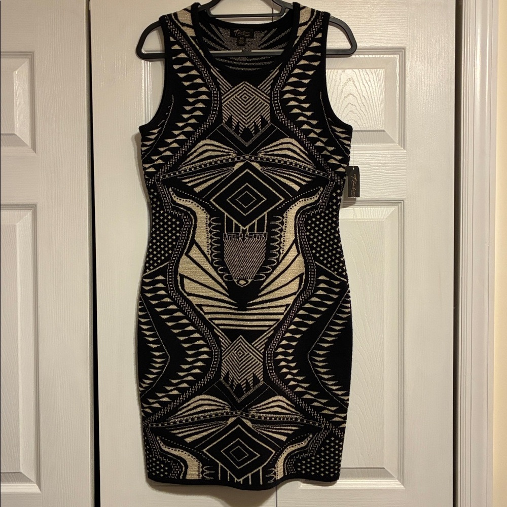 Thalia Sodi Black and Cream Patterned Sweater Mini Dress